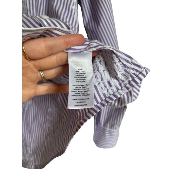 Talbots Perfect Purple White Floral Striped Non-Iron Collared Button Front Long - Picture 10 of 12
